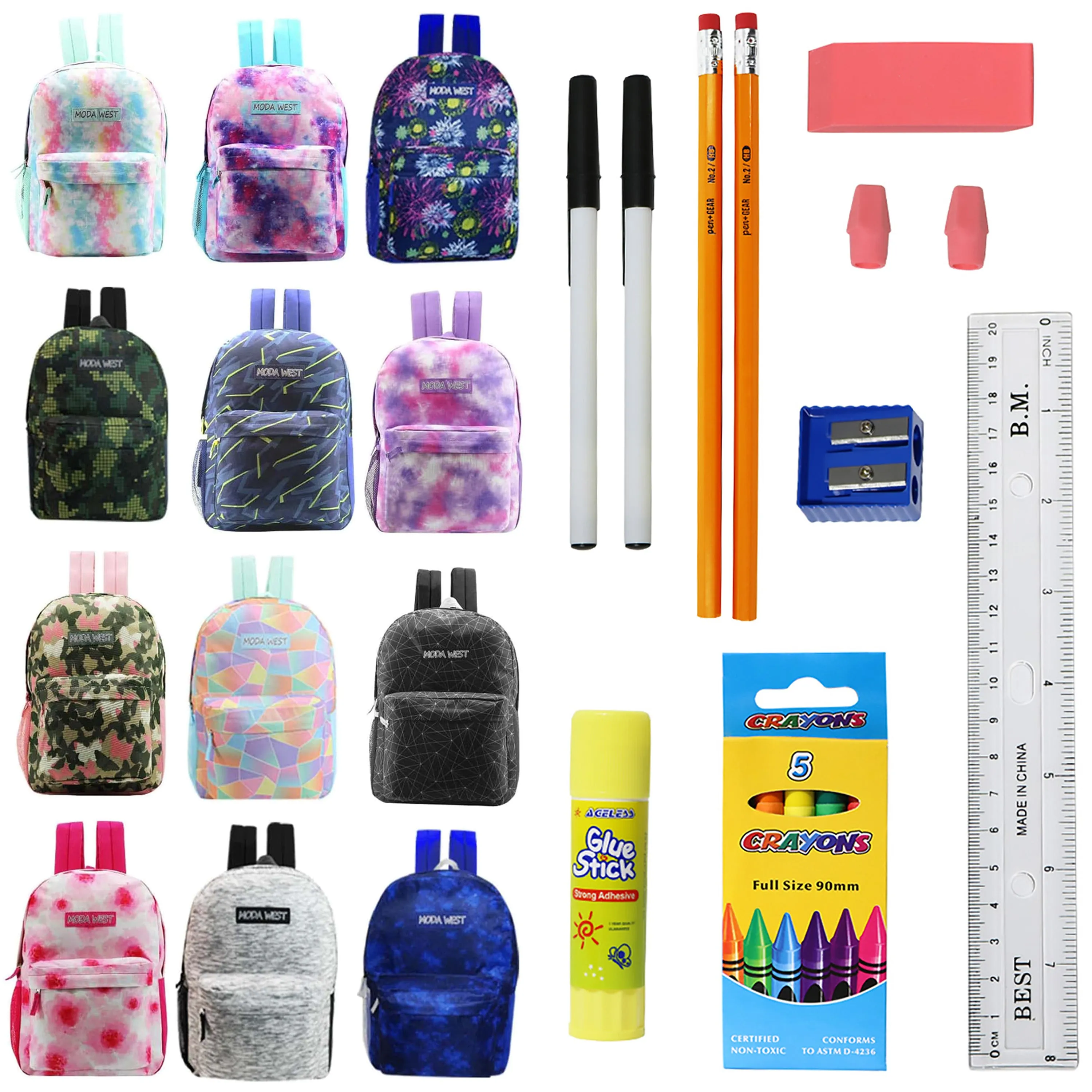 12 Wholesale Printed 17" Backpacks for Students and 12 Bulk School Supply Kits of Your Choice