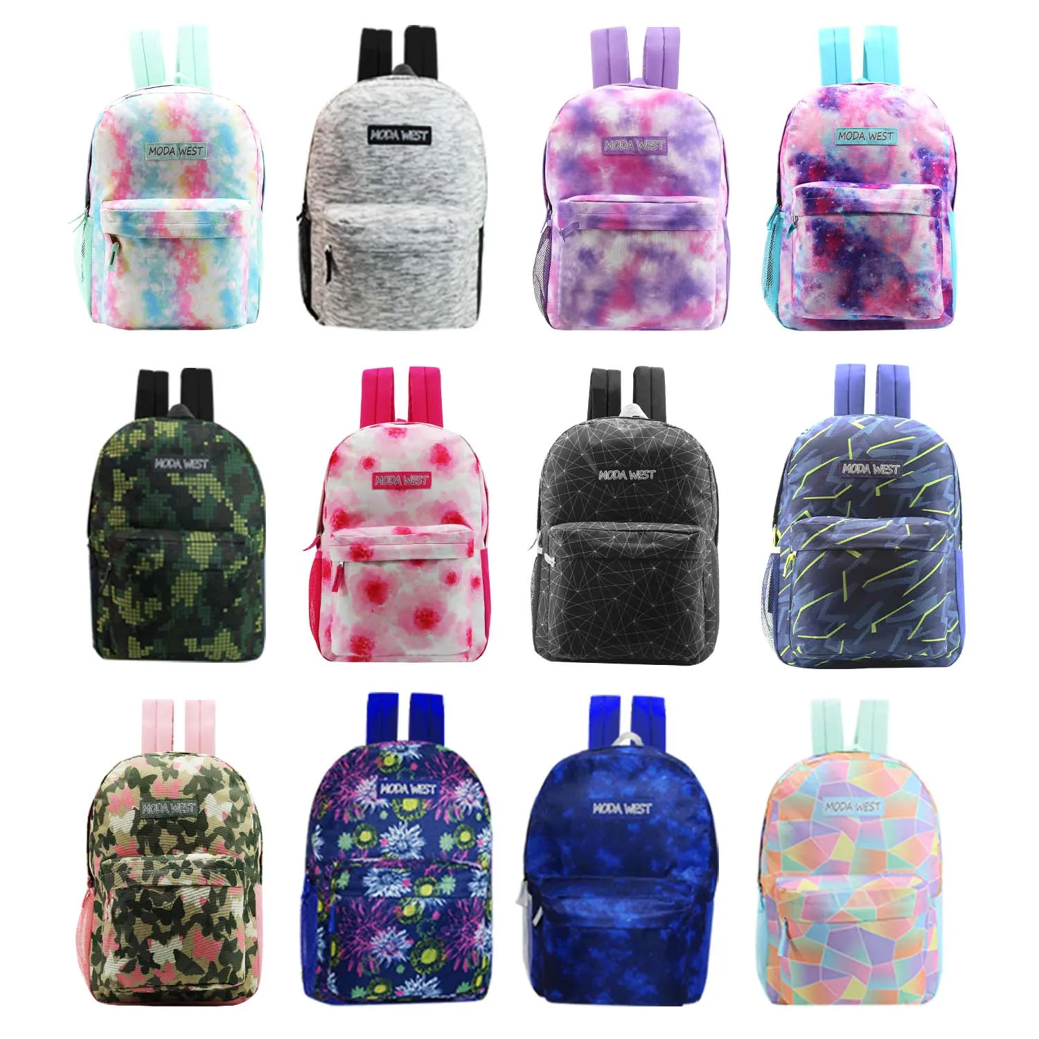 12 Wholesale Printed 17" Backpacks for Students and 12 Bulk School Supply Kits of Your Choice