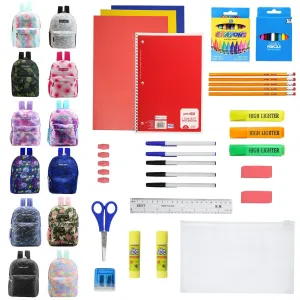 12 Wholesale Printed 17" Backpacks for Students and 12 Bulk School Supply Kits of Your Choice