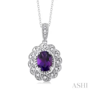 1/20 ctw Oval Cut 8X6 MM Amethyst and Round Cut Diamond Semi Precious Pendant With Chain in Sterling Silver