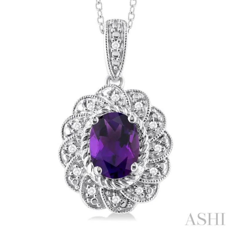 1/20 ctw Oval Cut 8X6MM Amethyst and Round Cut Diamond Semi Precious Pendant With Chain in Sterling Silver