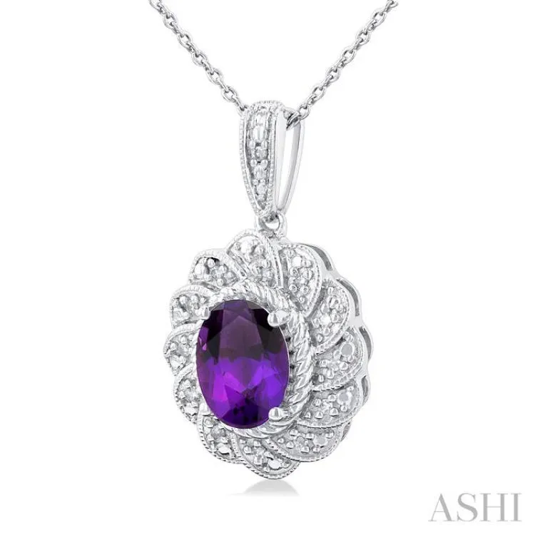 1/20 ctw Oval Cut 8X6MM Amethyst and Round Cut Diamond Semi Precious Pendant With Chain in Sterling Silver