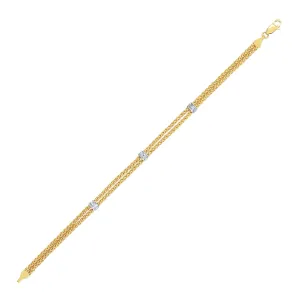 14k Two-Tone Gold Dual Wheat Chain Bracelet Diamond Stations .02 cttw