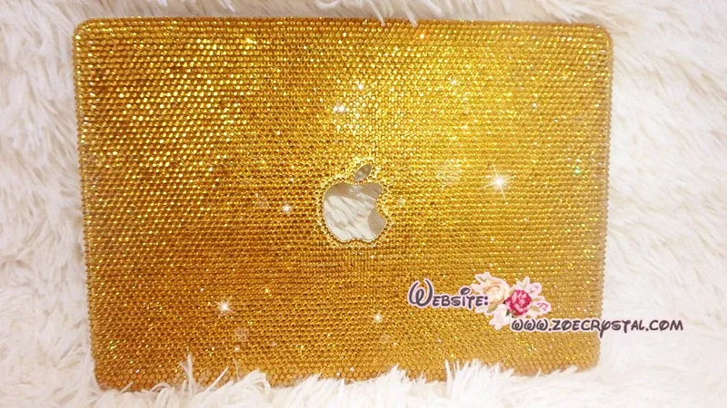 4mm MACBOOK Air Pro Case Cover w Gold Bedazzled Sparkly Shinny Crystal Rhinestones Kim Kardashian Kylie Jenner Celebrities