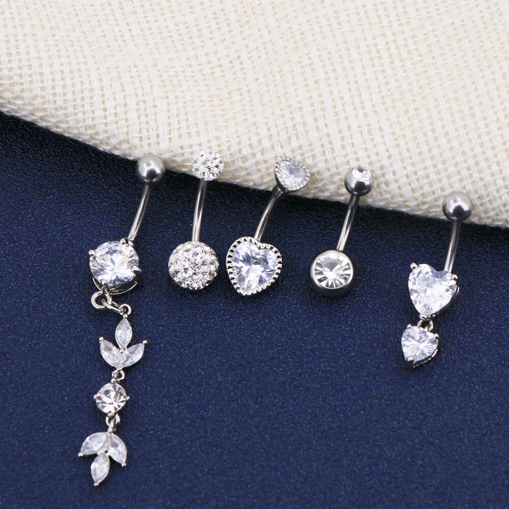 5Pcs 14G Crystal CZ Dangle  Belly Rings Pack