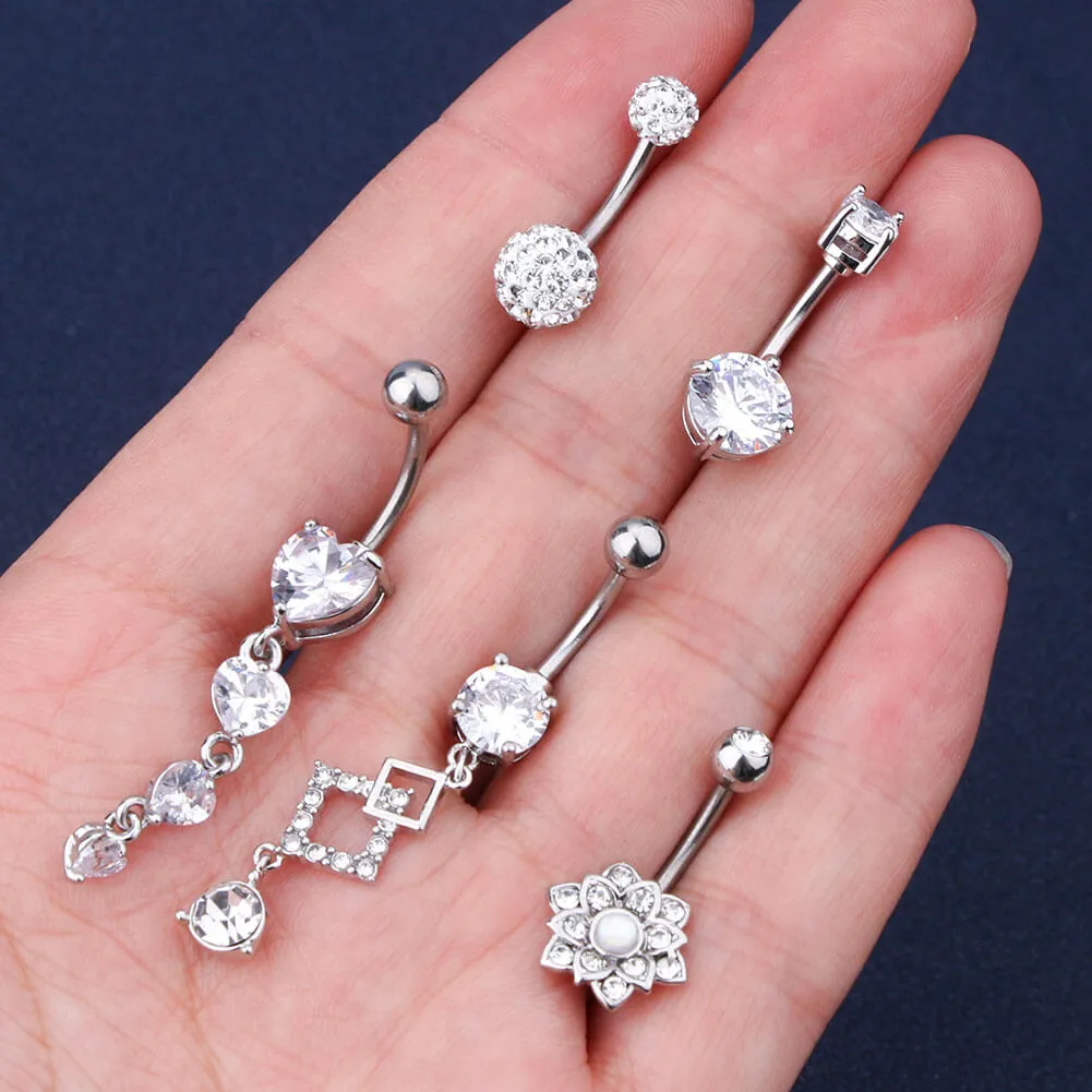 5Pcs Steel Barbell Clear CZ Dangle Belly Button Rings Set