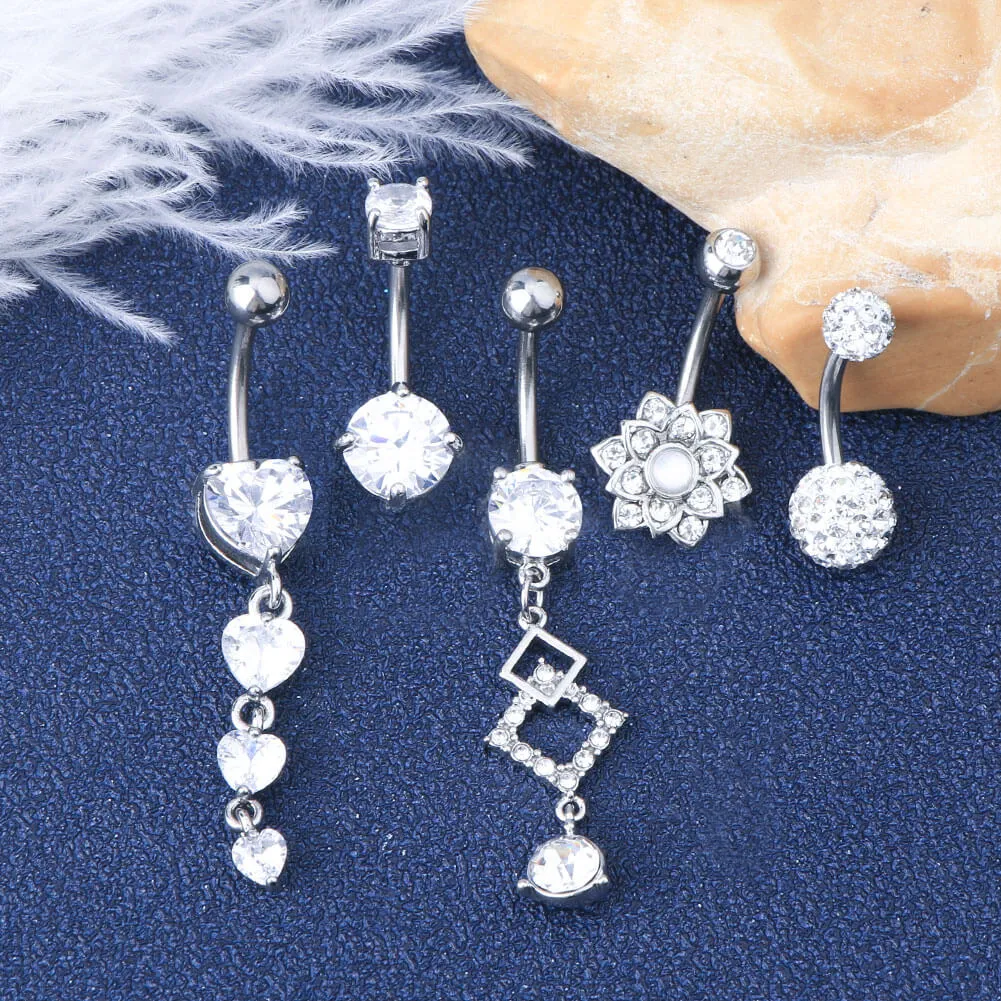 5Pcs Steel Barbell Clear CZ Dangle Belly Button Rings Set