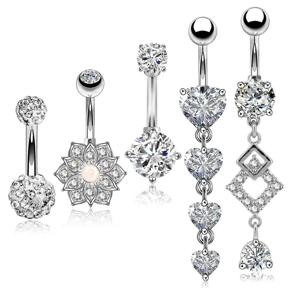 5Pcs Steel Barbell Clear CZ Dangle Belly Button Rings Set