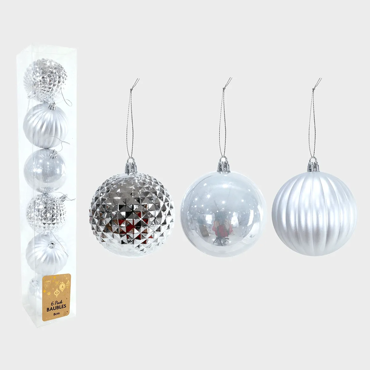 6pk Silver Baubles 80mm