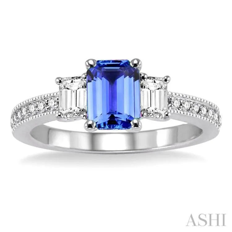 7x5 MM Octagon Cut Tanzanite and 1/2 Ctw Round Cut Diamond Ring in 14K White Gold