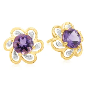 9ct Yellow Gold Diamond Set & Amethyst  Stud Earrings