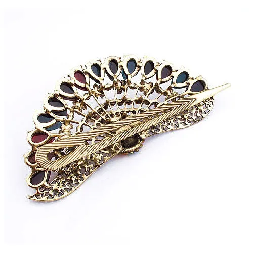 Antique Brass Finish Rhinestone Peacock Hinged Claw Hair Clip Stick