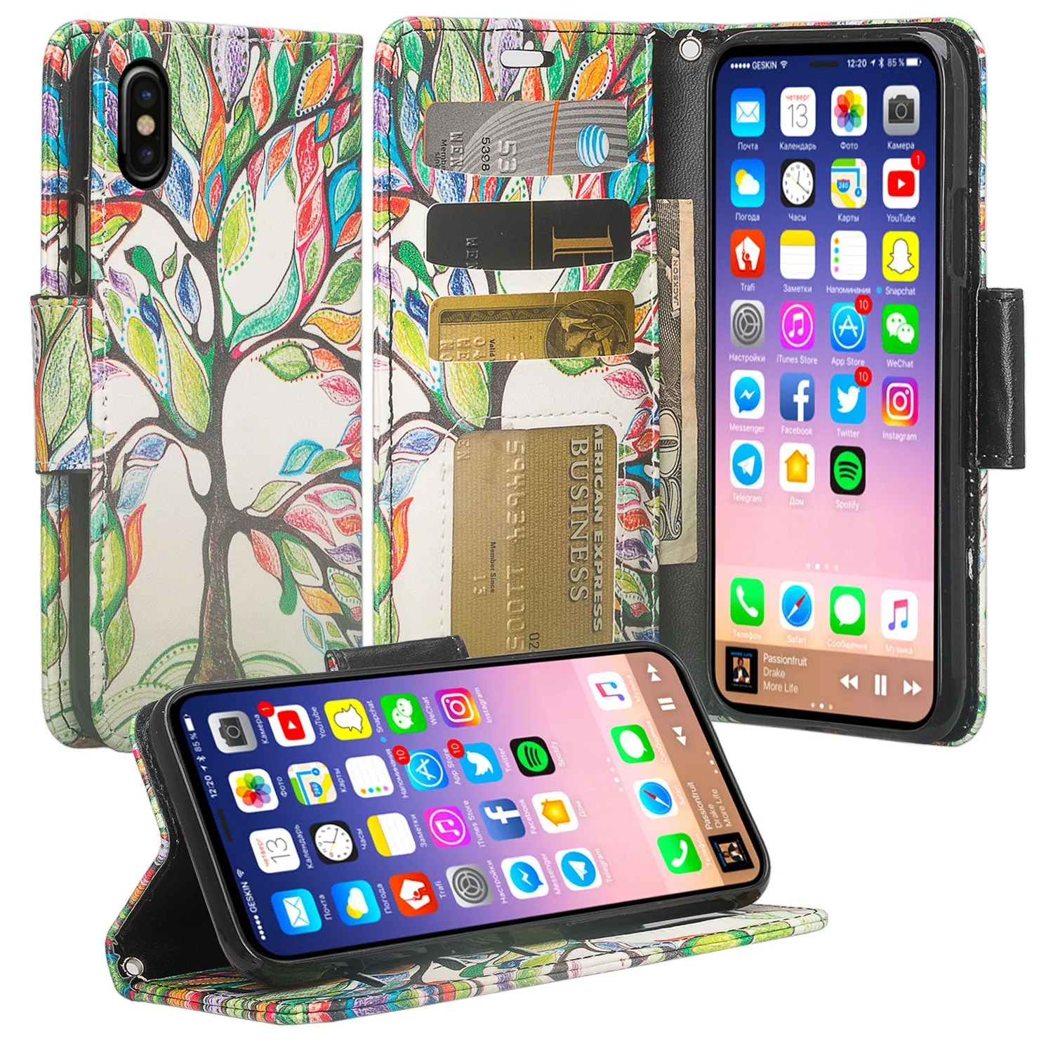 Apple iPhone X, Iphone 10 Case, Wrist Strap Faux Leather Flip [Kickstand] Protective Wallet Case Cover - Vibrant Tree