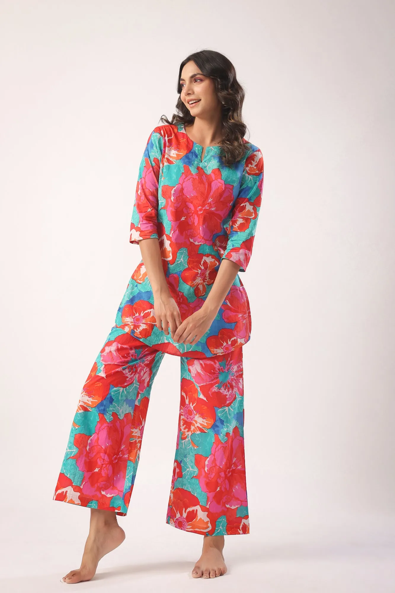 Artistic Bloom Cotton Palazzo Loungewear Set