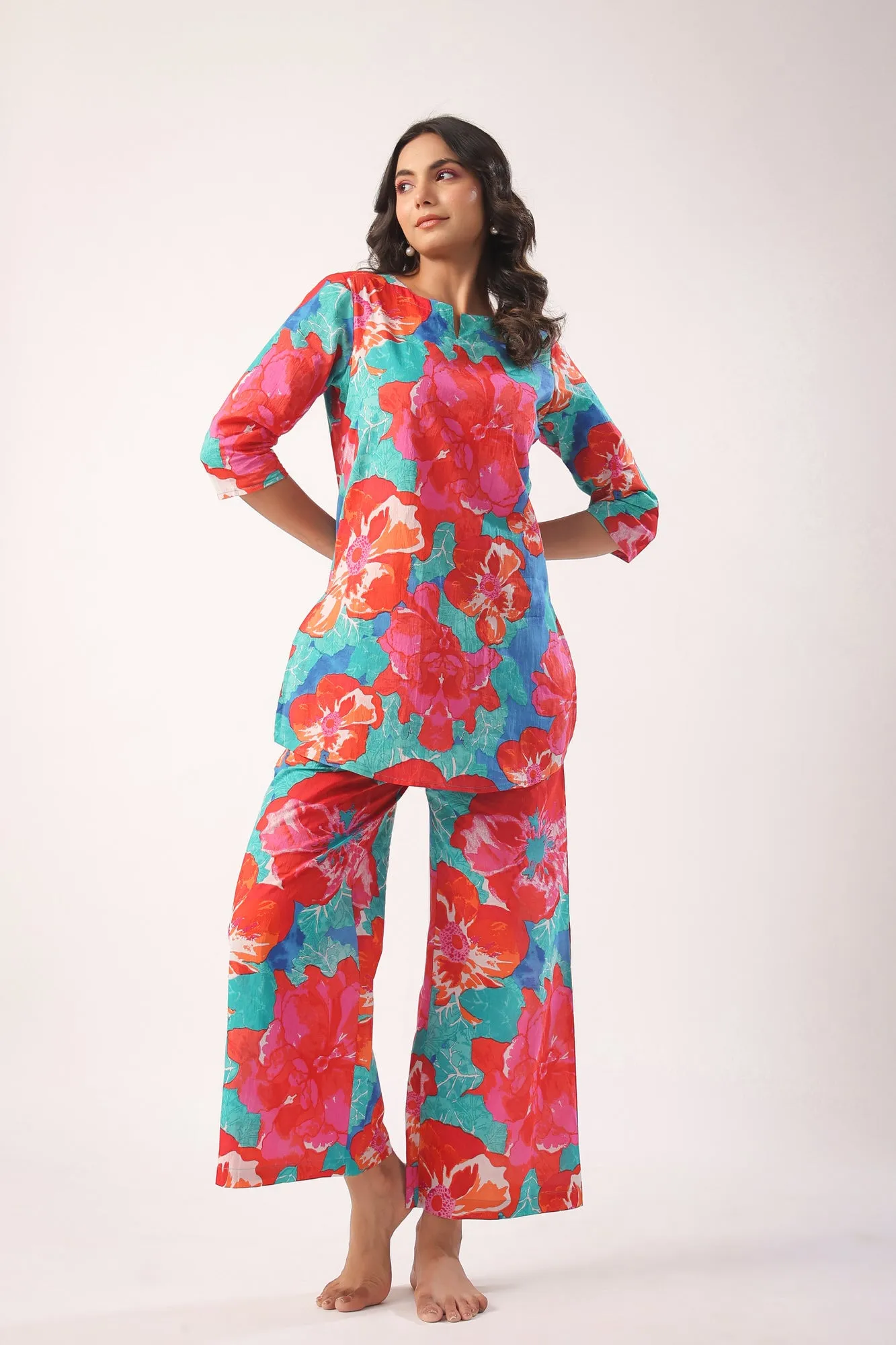 Artistic Bloom Cotton Palazzo Loungewear Set