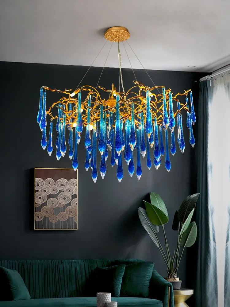 Artistic Blue Crystal Bedroom and Dining Room Light - All Copper Twigs Design