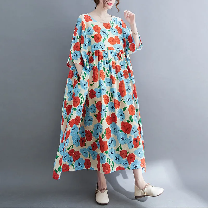 Artistic Large Size Loose Cotton And Linen Printed Short-sleeved Dress For Women