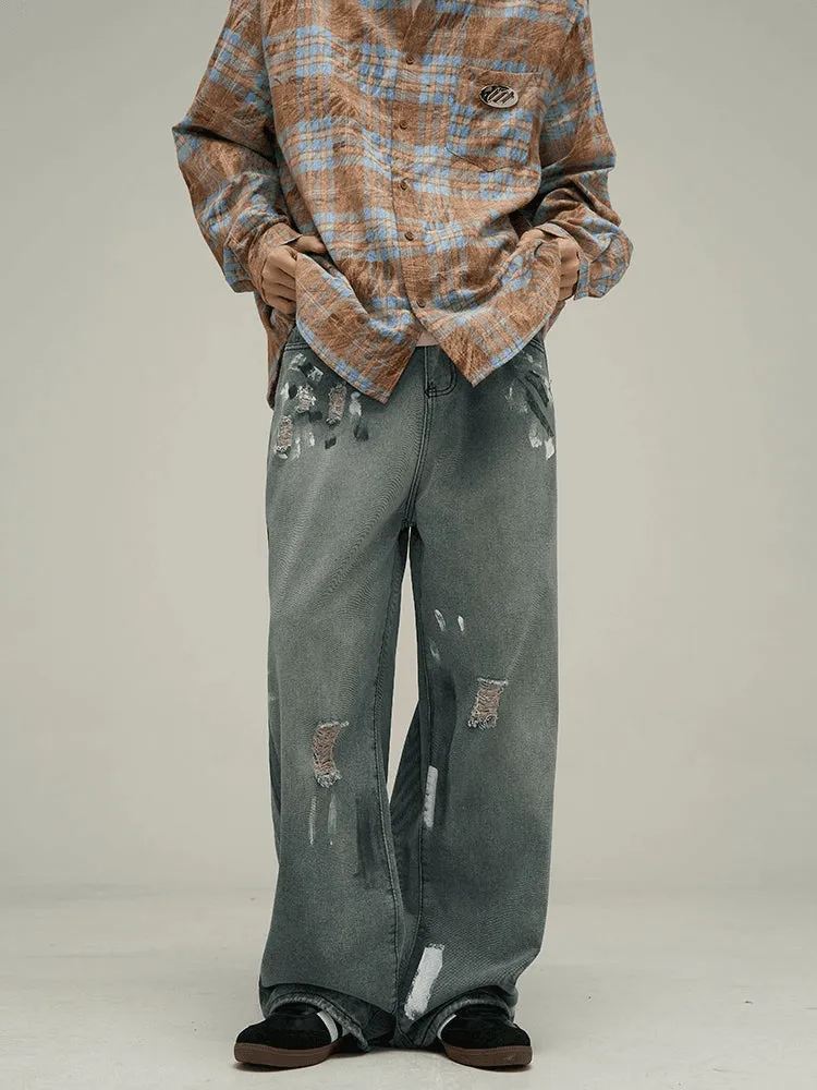 Artistic Wide-Leg Paint Splatter Jeans