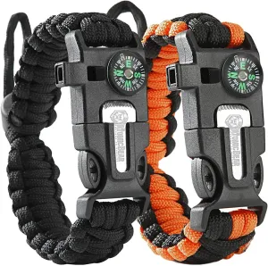 Atomic Bear Paracord Bracelet (2 Pack) – Adjustable Size – Fire Starter – Loud Whistle – Emergency Knife – Perfect for Hiking, Camping, Fishing and Hunting – Black & Black Orange