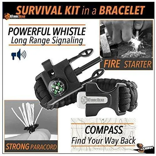 Atomic Bear Paracord Bracelet (2 Pack) – Adjustable Size – Fire Starter – Loud Whistle – Emergency Knife – Perfect for Hiking, Camping, Fishing and Hunting – Black & Black Orange