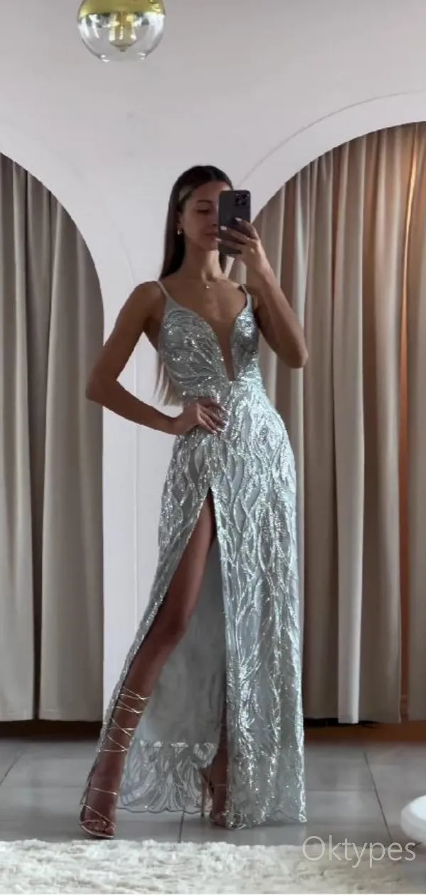 Beautiful Sliver V-Neck Side Slit Mermaid Floor-Length Prom Dresses PDS1117