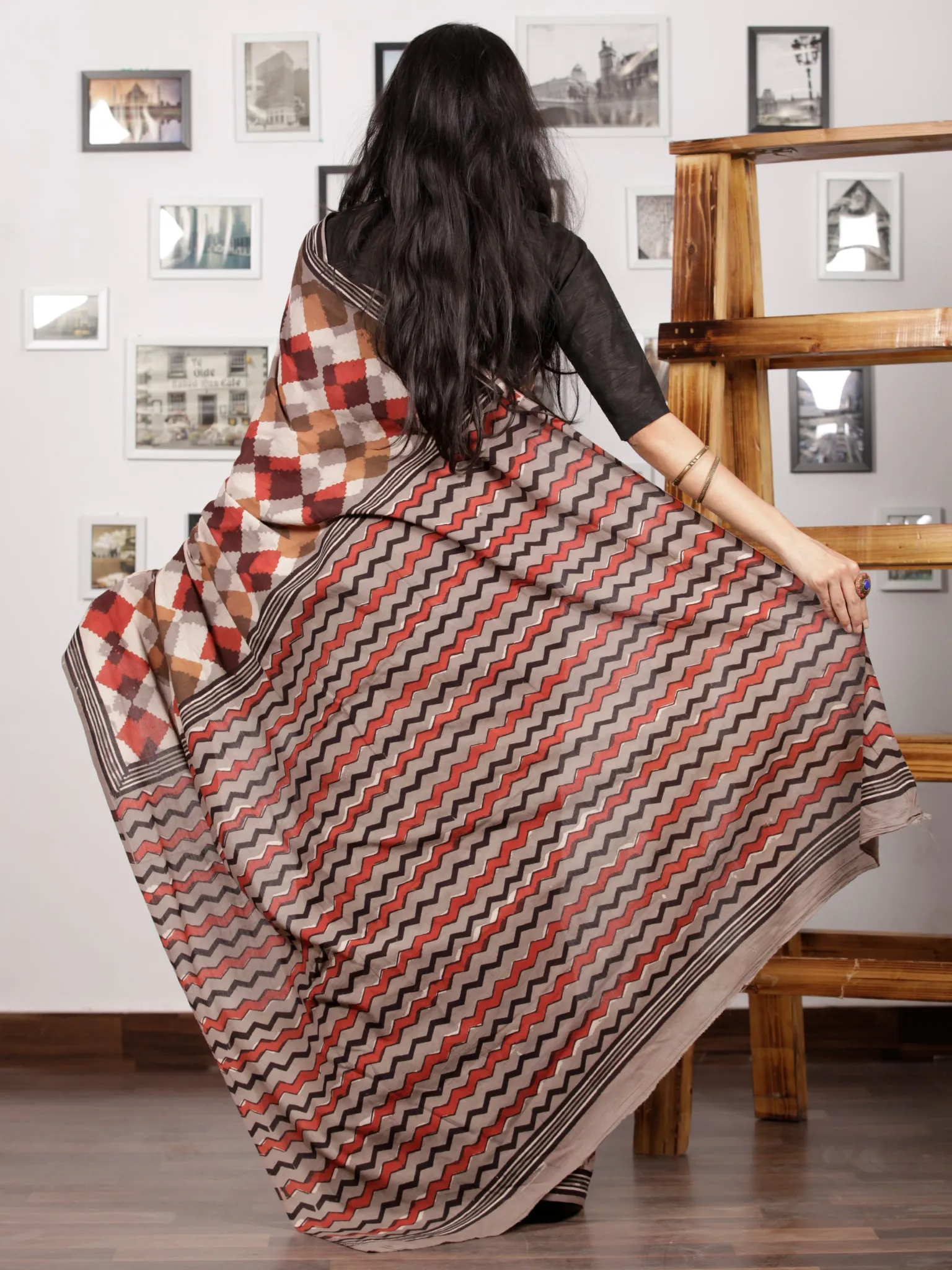 Beige Brown Red Black Hand Block Printed Cotton Mul Saree - S031703009