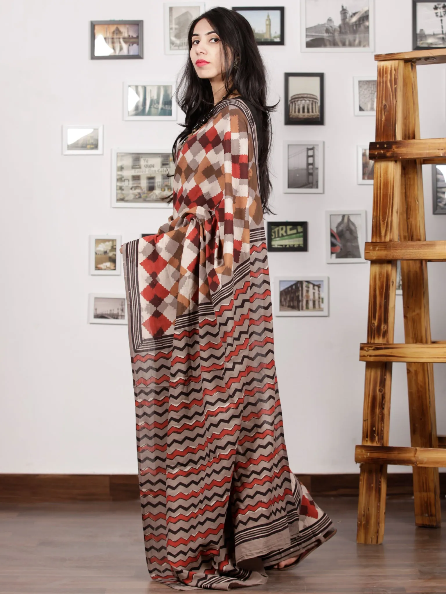 Beige Brown Red Black Hand Block Printed Cotton Mul Saree - S031703009