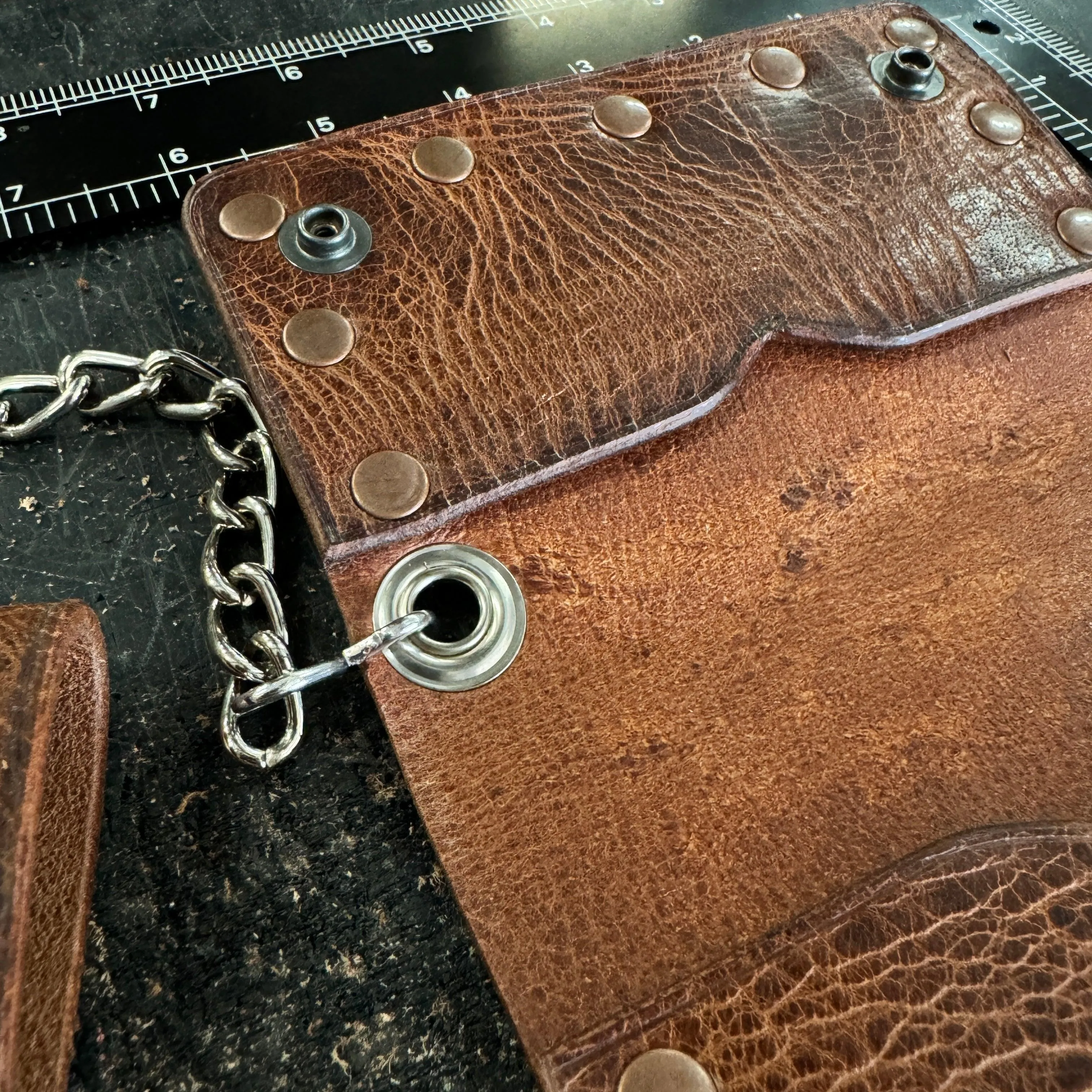 Biker Bifold Chain Wallet - Vintage Glazed Buffalo Leather Bifold Wallet with Copper Hardware