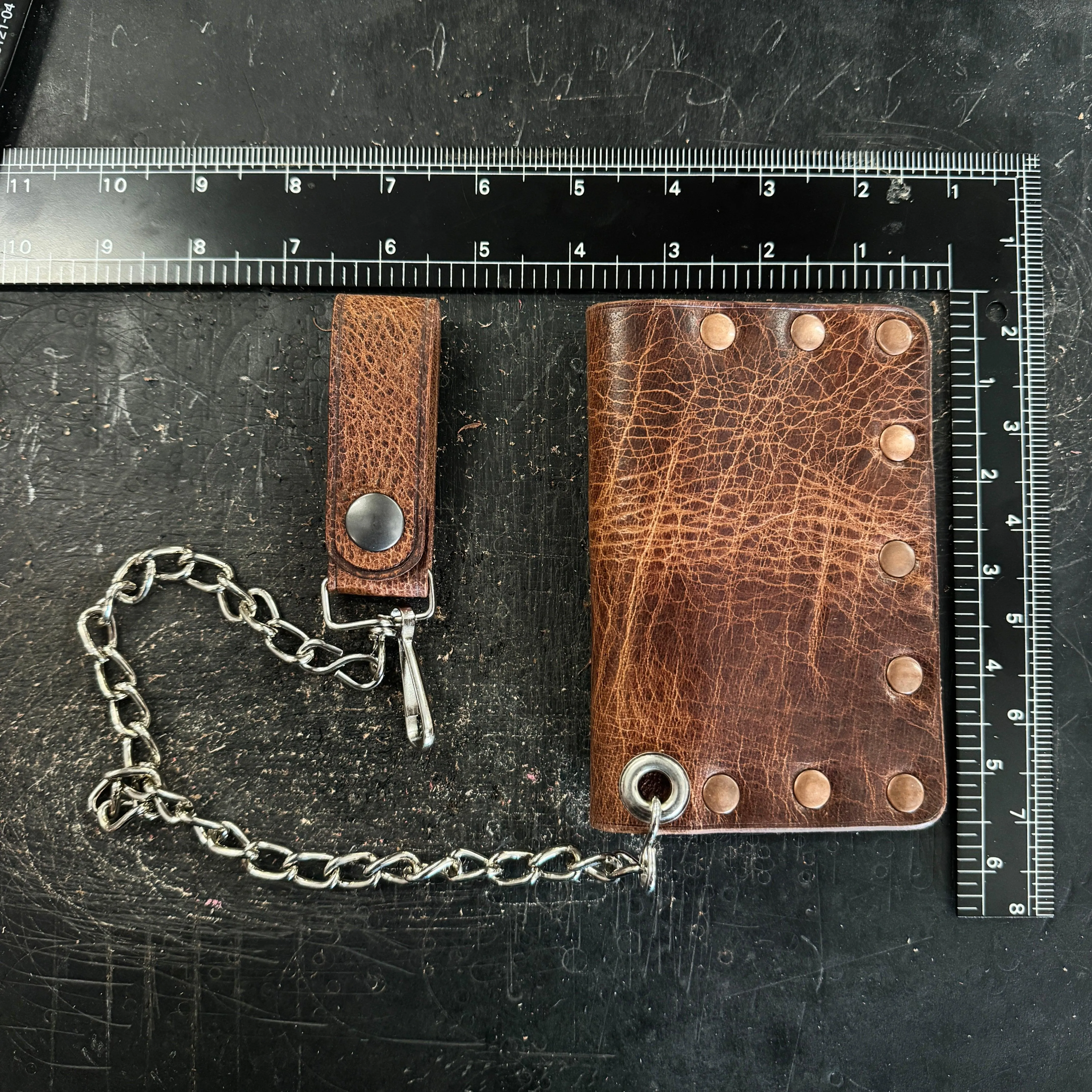 Biker Bifold Chain Wallet - Vintage Glazed Buffalo Leather Bifold Wallet with Copper Hardware