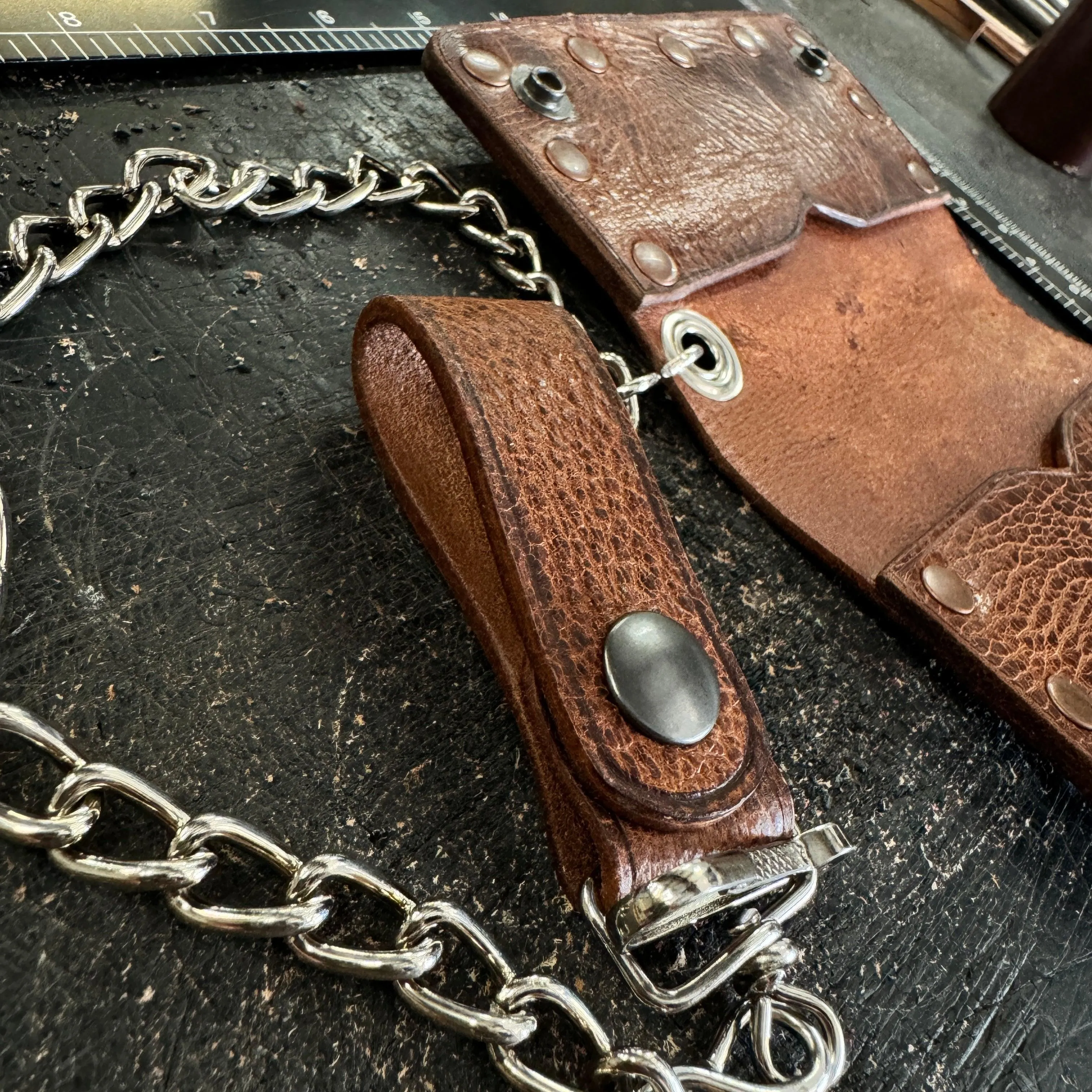 Biker Bifold Chain Wallet - Vintage Glazed Buffalo Leather Bifold Wallet with Copper Hardware