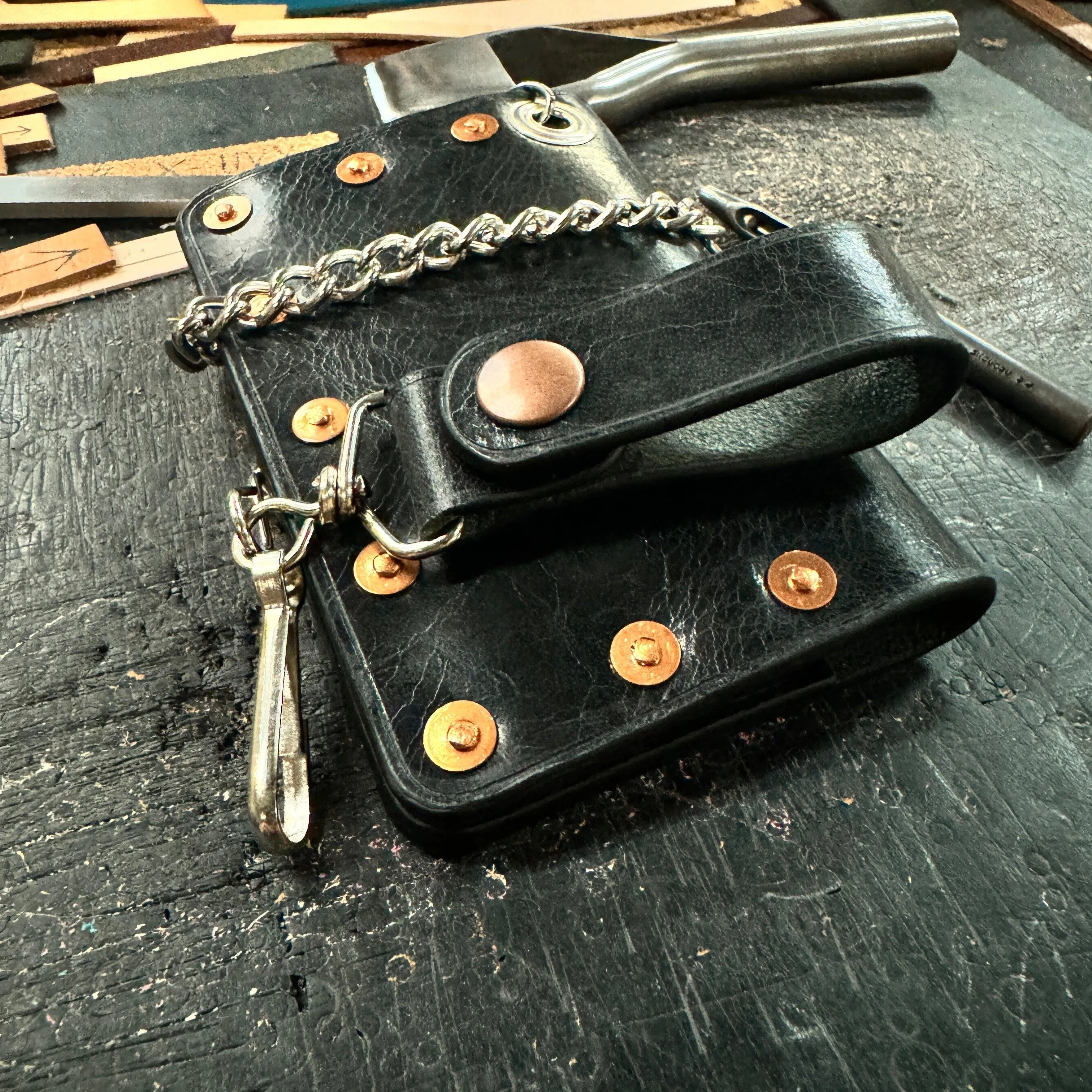 Biker Bifold Chain Wallet - Vintage Glazed Buffalo Leather Bifold Wallet with Copper Hardware