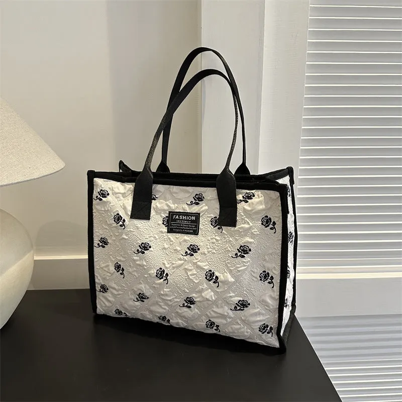 Black & White Floral Canvas Shoulder Bag