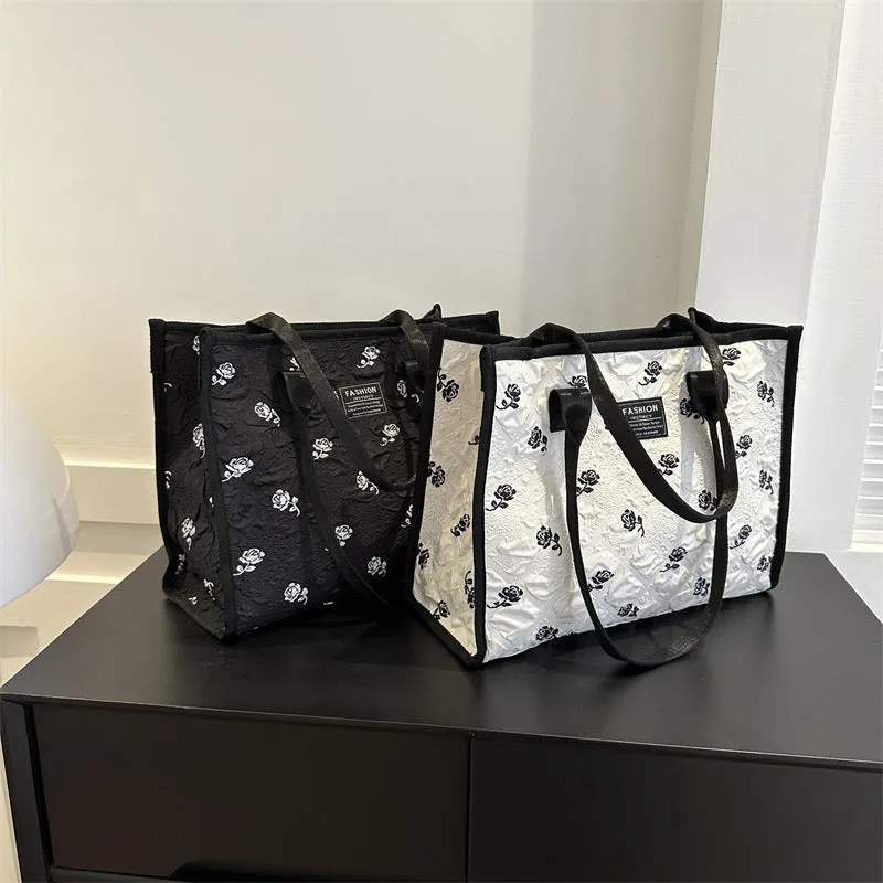 Black & White Floral Canvas Shoulder Bag