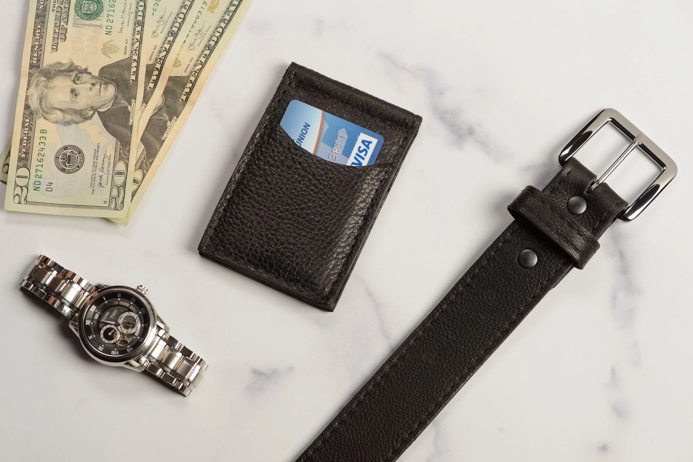 Black Bison Bifold Slim Profile Wallet With Money Clip