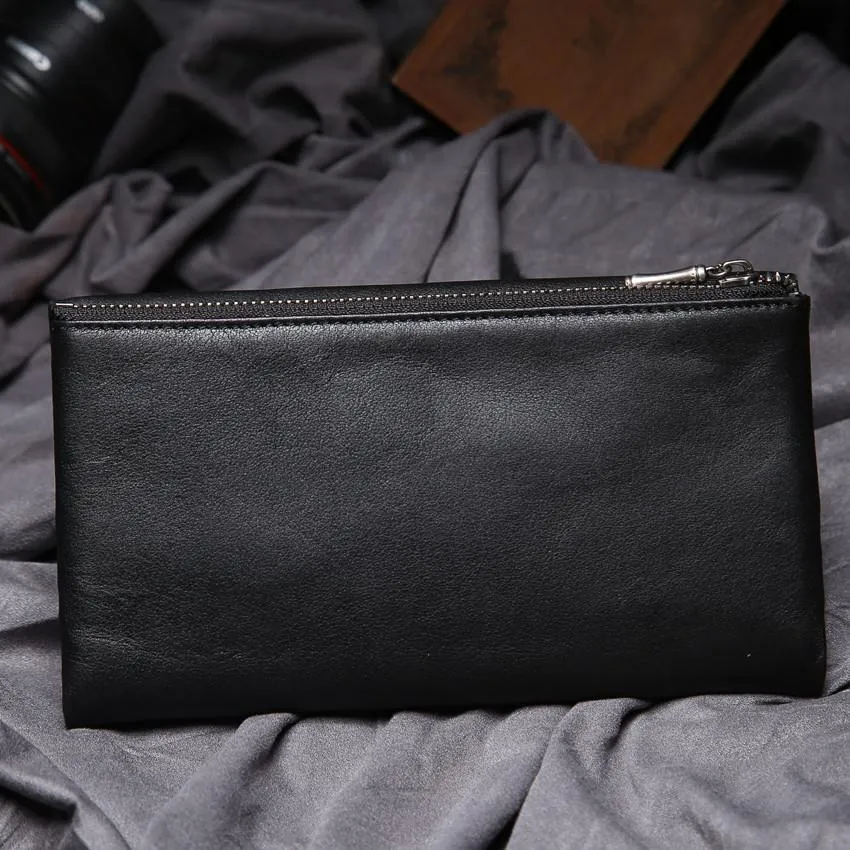 Black Leather Long Wallet for Men Bifold Long Wallet