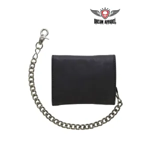 Black Multi-Pocket Naked Cowhide Leather Tri-Fold Wallet with Chain