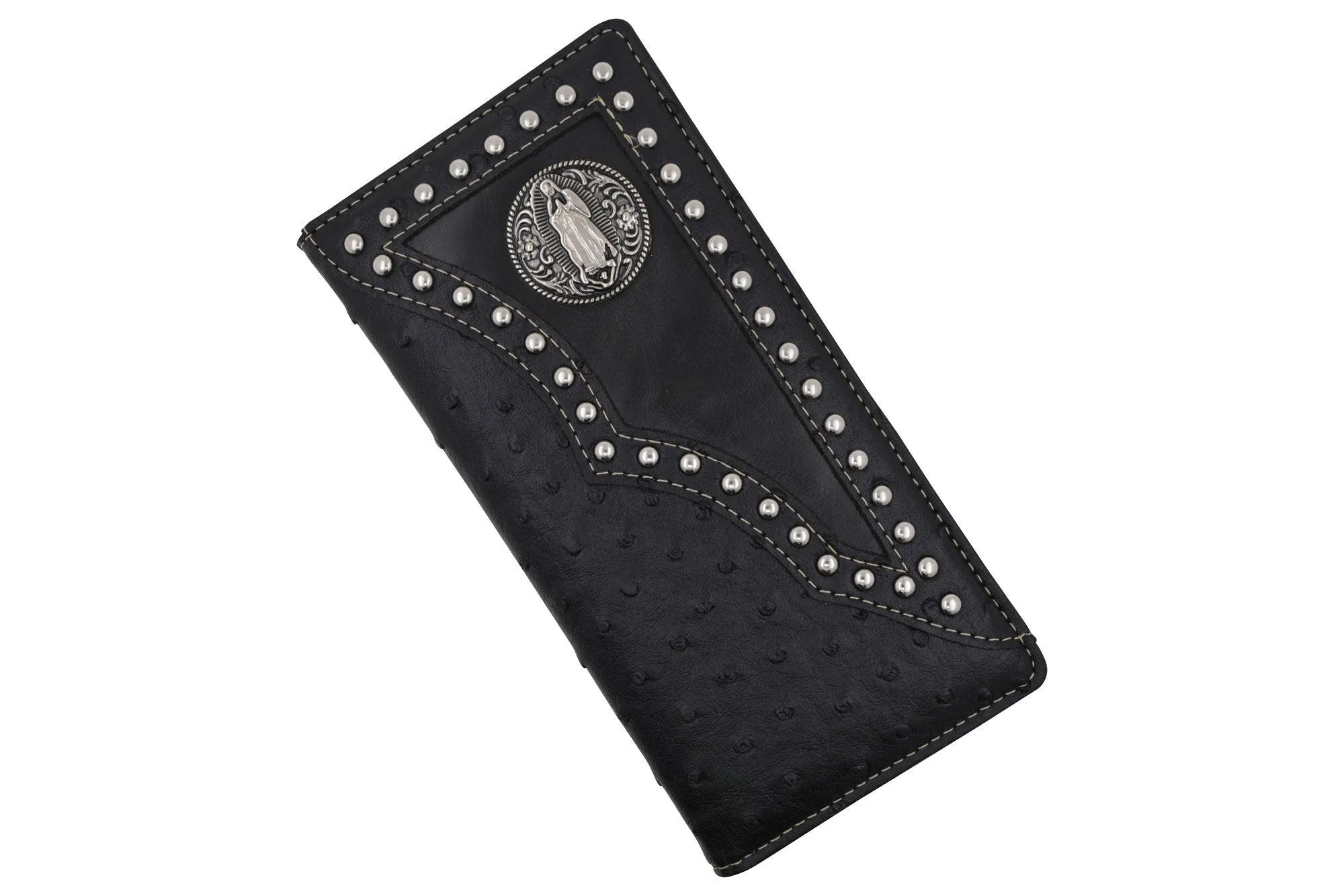 Black Western Ostrich Pattern Virgin Mary Long Tall Credit Card Checkbook Holder Texas Style Wallet W011-17-OSTRICH-BK (C)