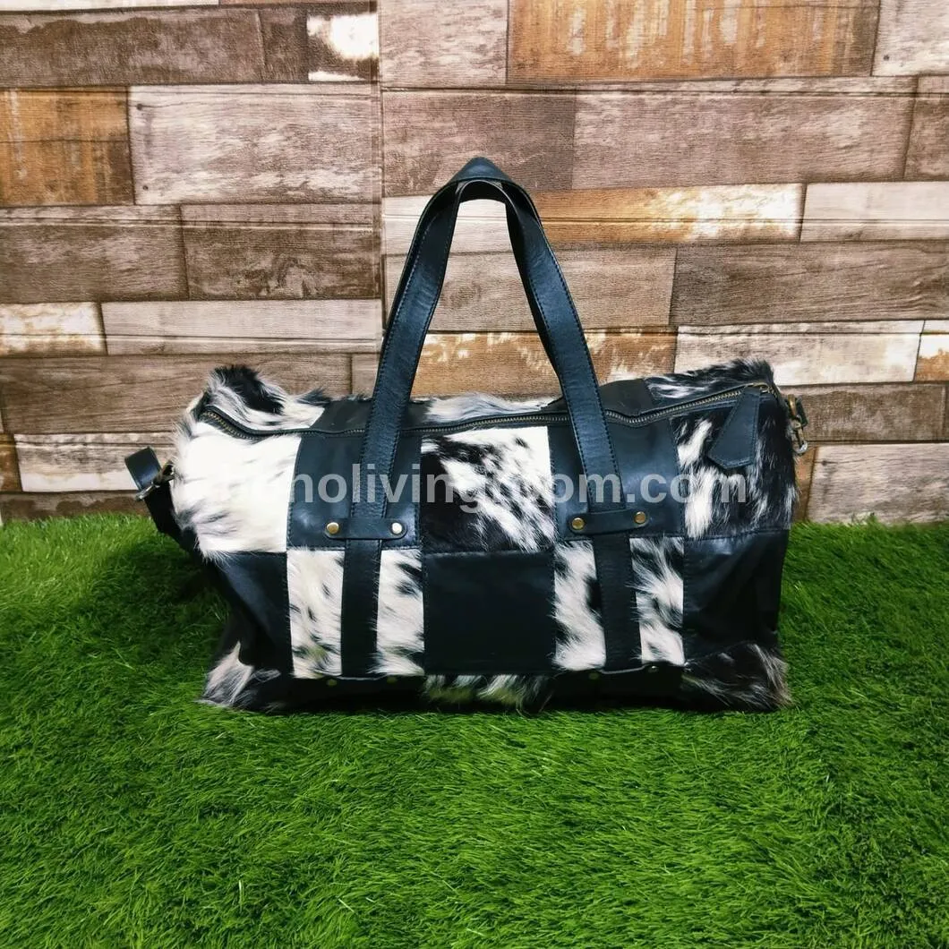 Black White Leather Cowhide Overnight Travel Bag