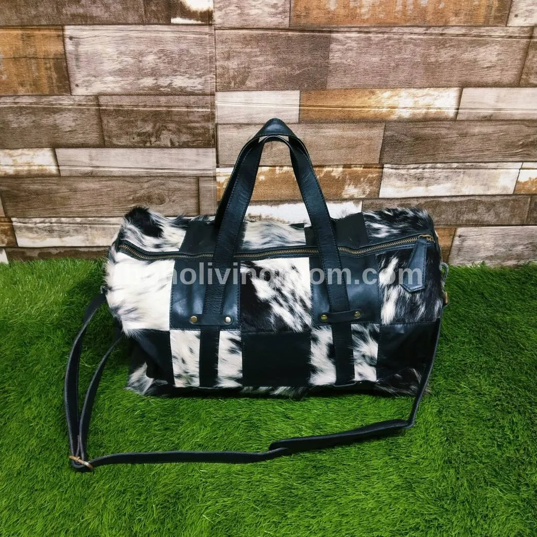 Black White Leather Cowhide Overnight Travel Bag