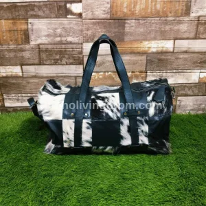 Black White Leather Cowhide Overnight Travel Bag