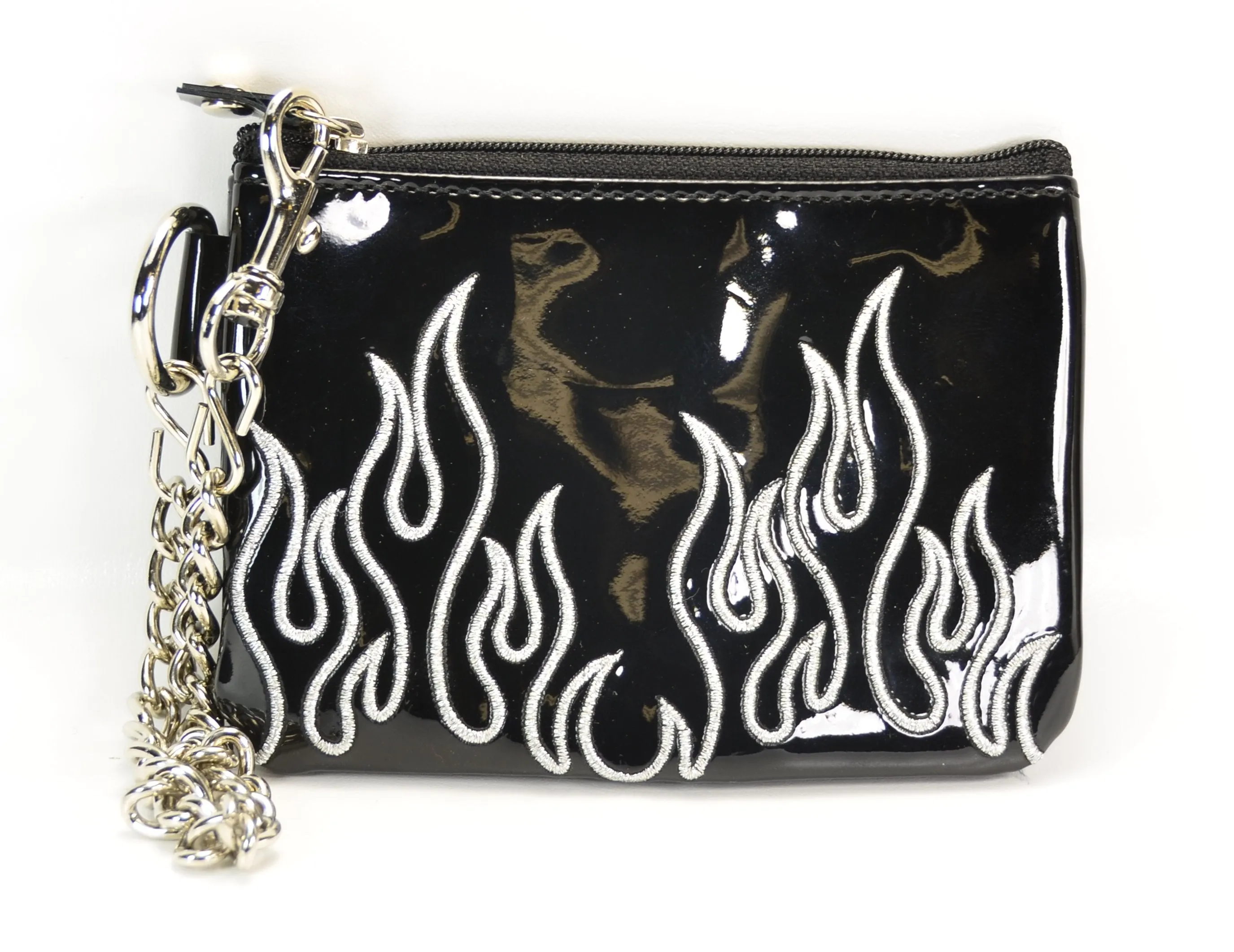 Black Zip Top Purse With Embroidered Silver Flame