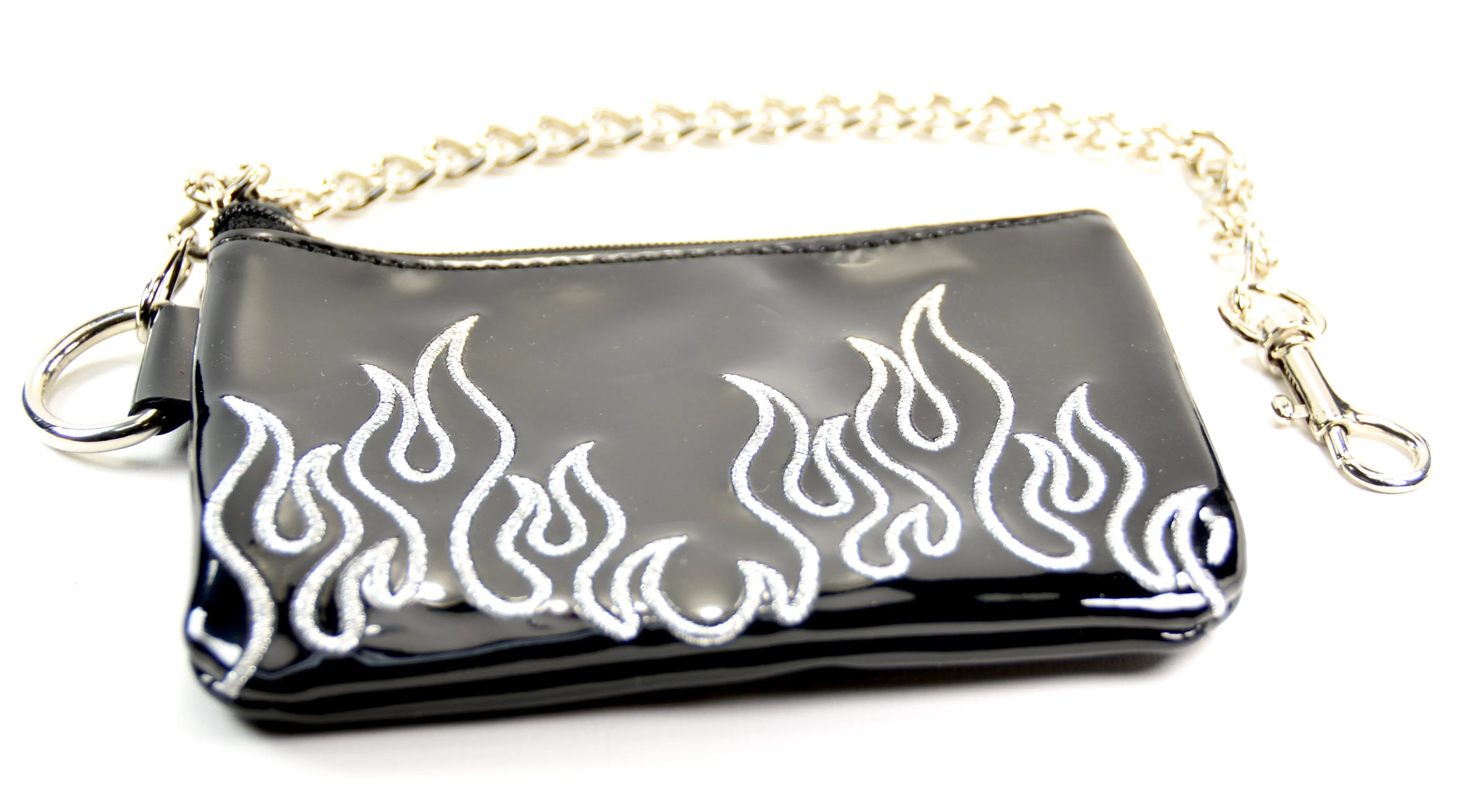 Black Zip Top Purse With Embroidered Silver Flame