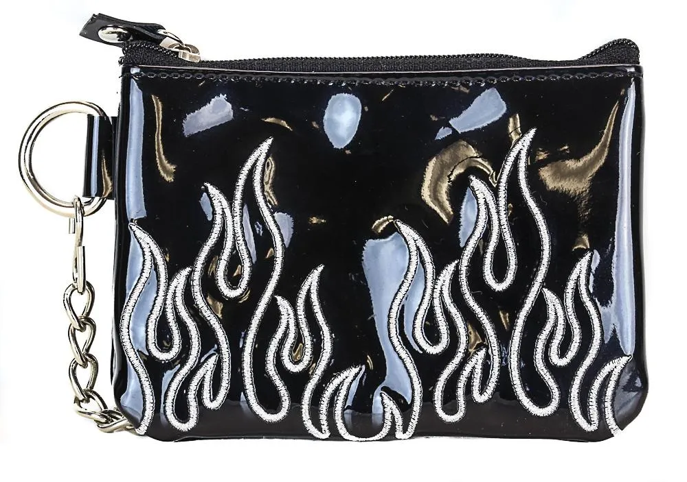 Black Zip Top Purse With Embroidered Silver Flame