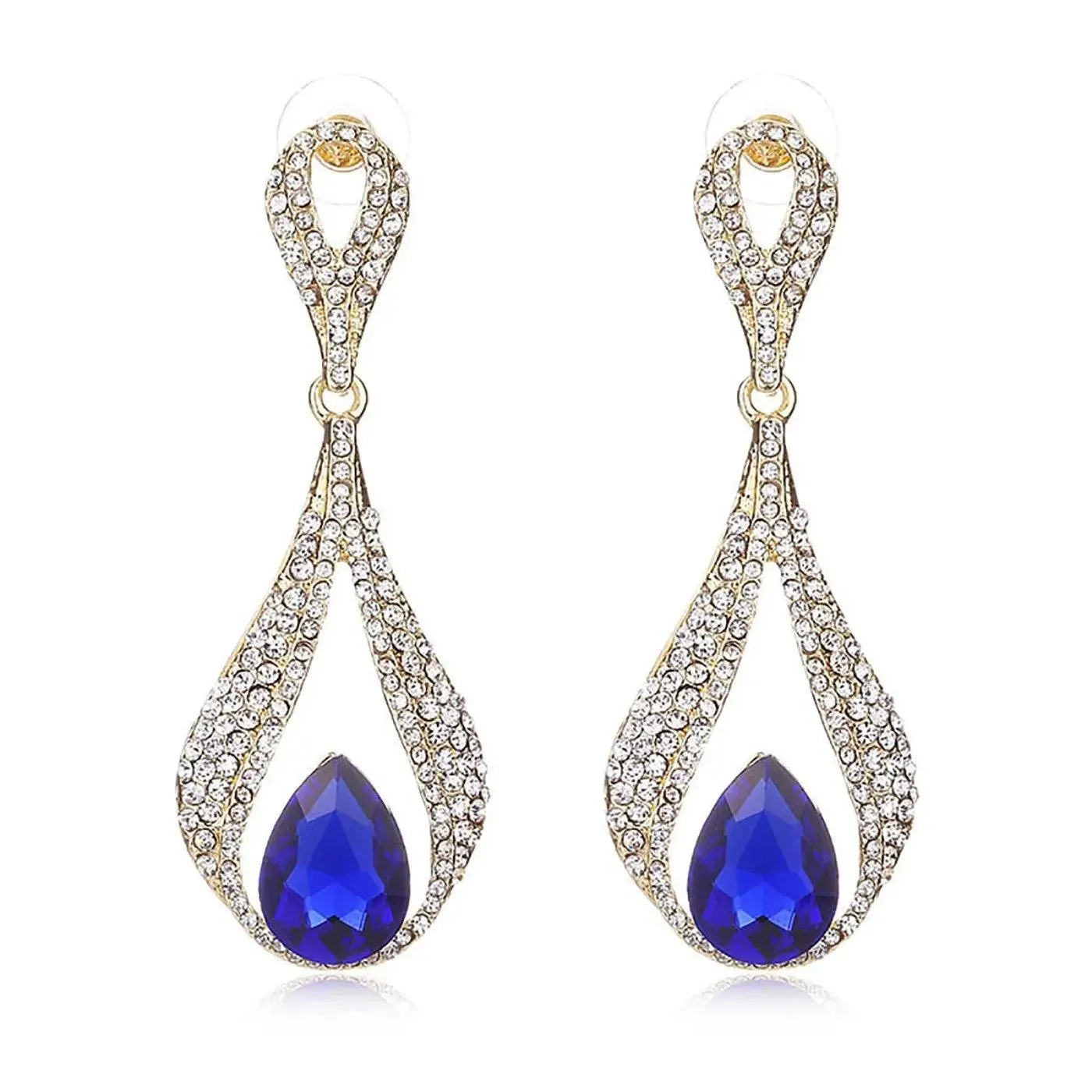 Blue Dazzling Long Rhinestone Bridal Cocktail Party Earring