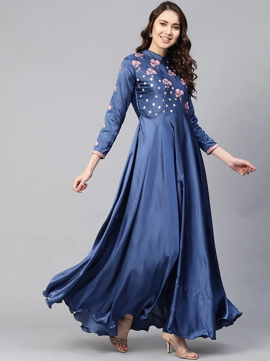 Blue Silk Partywear Dress