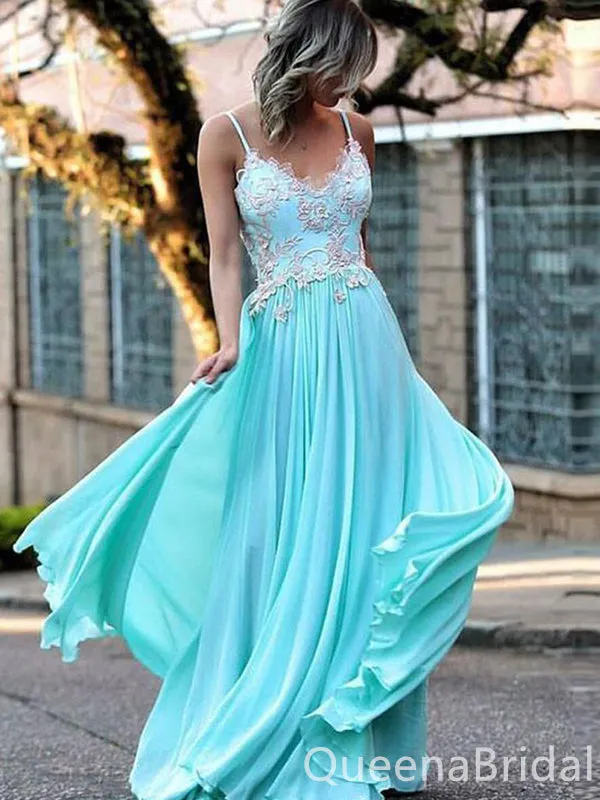 Blue Spaghetti Straps Lace Appliques V Neck A-line Evening Gown Maxi Long Evening Party Prom Dresses,WGP1226