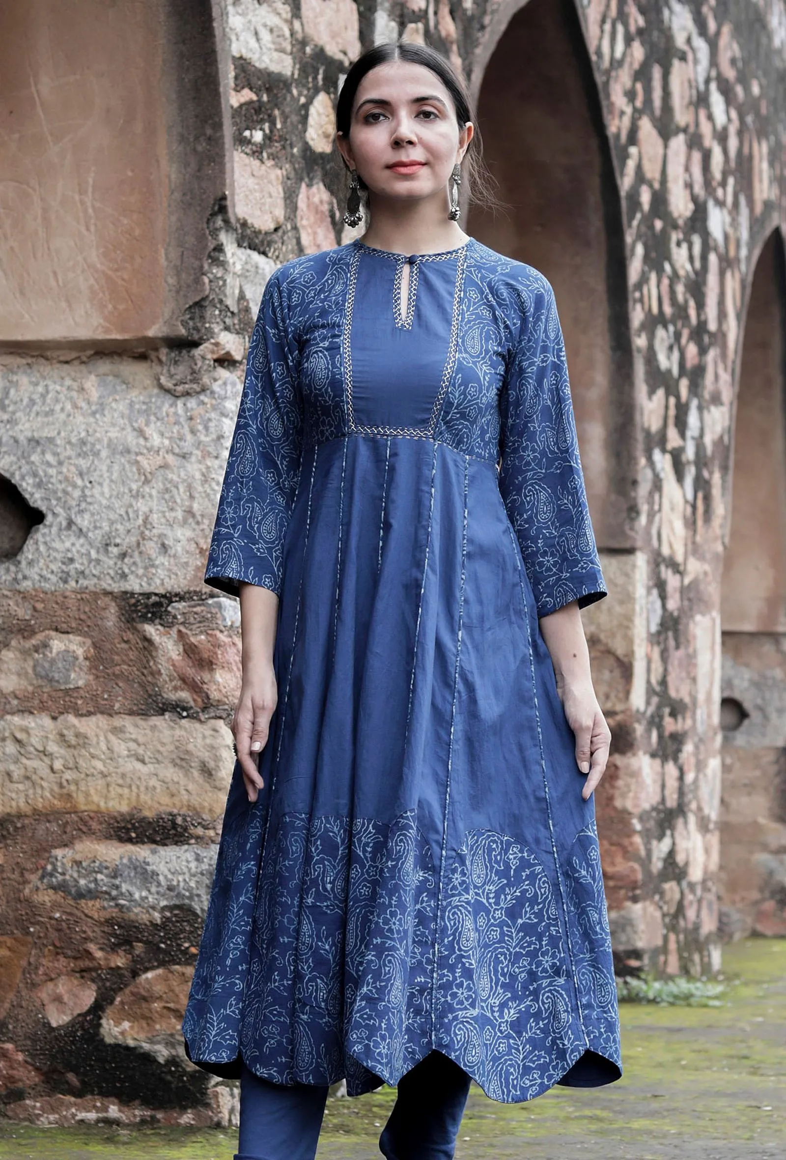 Bristi Indigo Floral Printed Kalidar Kurta Dress