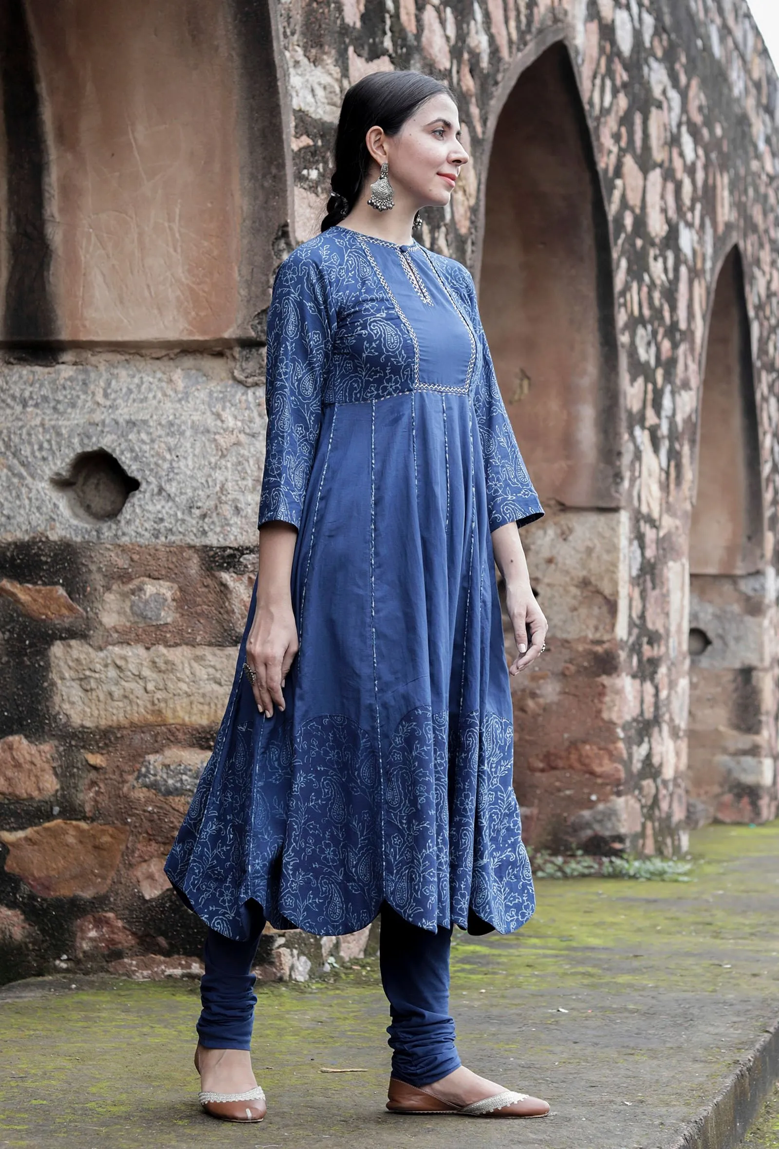 Bristi Indigo Floral Printed Kalidar Kurta Dress