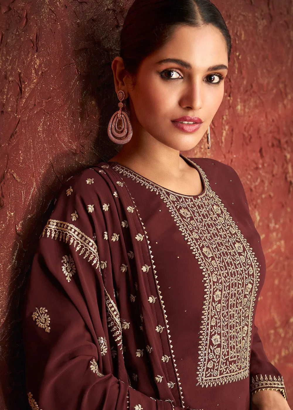 Brown & Gold Splendid Embroidered Pakistani Style Suit