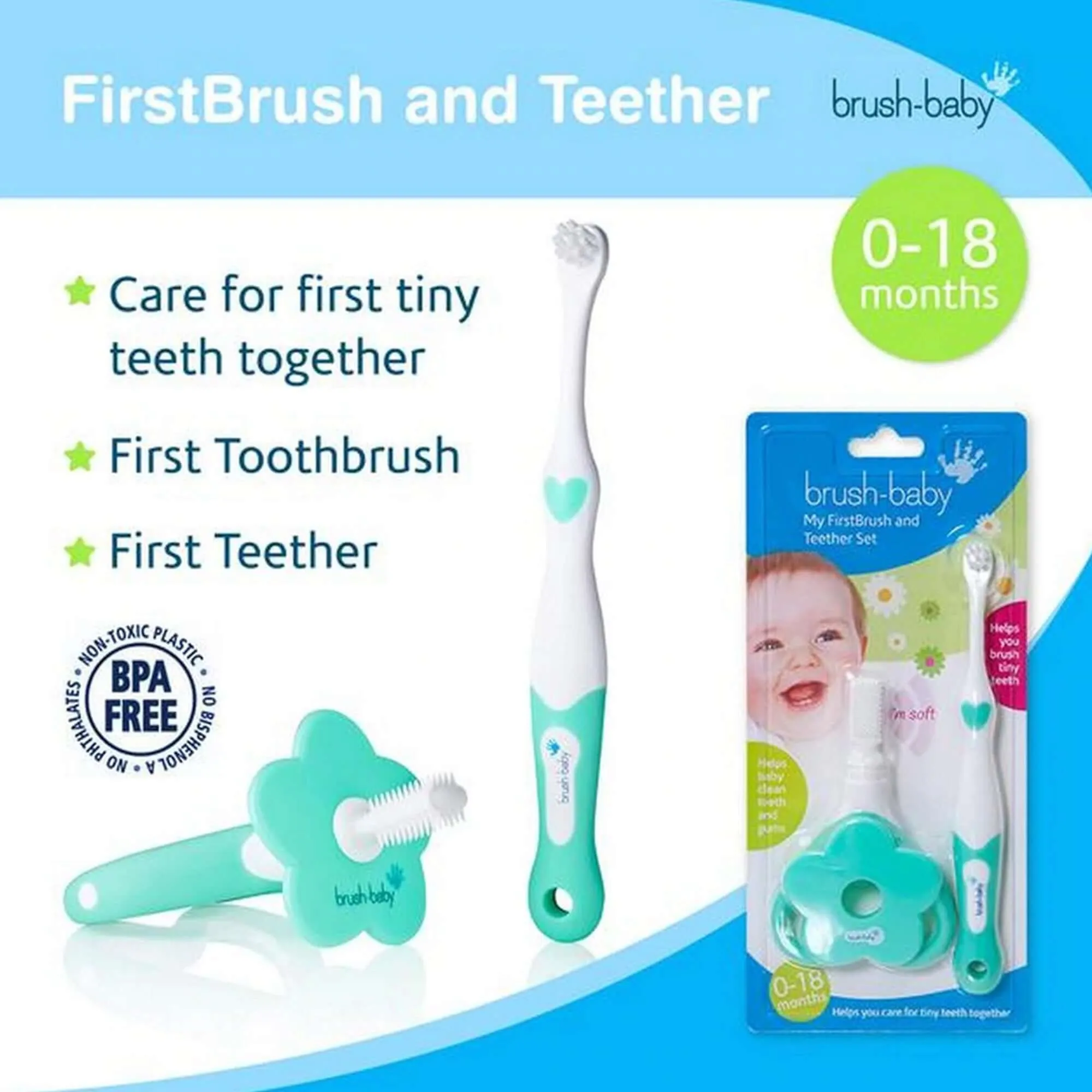 Brush Baby White & Teal My First brush & Teether Set || Birth  to 18months